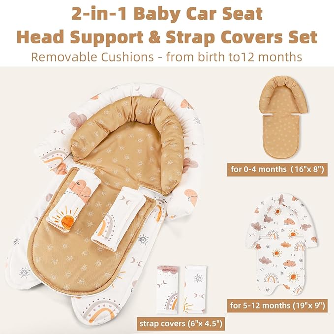 Baby Car Seat Head Support & Strap Covers, Upgraded 2-in-1 Infant Car Seat Insert Cushion for Newborn Girls, Perfect for Carseat, Stroller, Swing, Extra Soft, Boho Rainbow