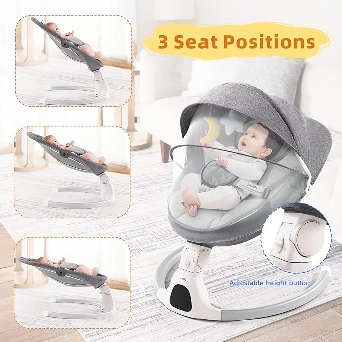 Jaoul Baby Swing for Infants - Electric Portable Newborn Bouncer, Timing Function, 5 Speeds, 3 Seat Positions for Boys and Girls (Gray)