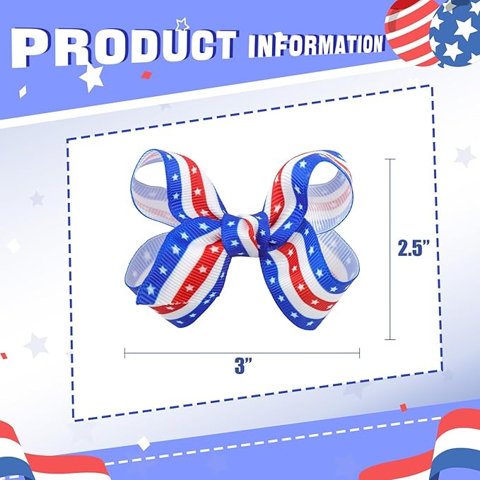 YanJie 4th of July 2pcs Hair Clips 3'' Blue Bow American Flag Hair Bows Baby Girls Clips Patriotic Hairgrips Hair Accessories Independence Day