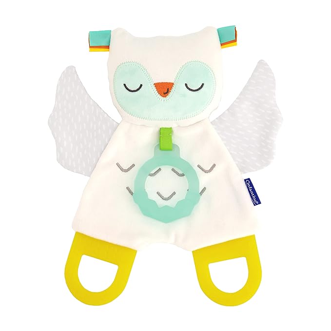 Infantino Glow-in-the Dark Cuddly Teether - Owl Soft Toy with 3 Textured Teethers, Fiddle Flags, Crinkle Sounds, Soft Material, On the Go Toy