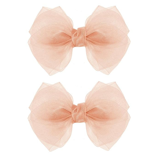 Korean Pink Mesh Hair Bow Clips 4" for Toddler Girls Organza Double Tulle Bow-Knot Alligator Barrettes Summer Wedding Pageant First Communion Party Dress Decor Accessory Birthday Valentines Gift