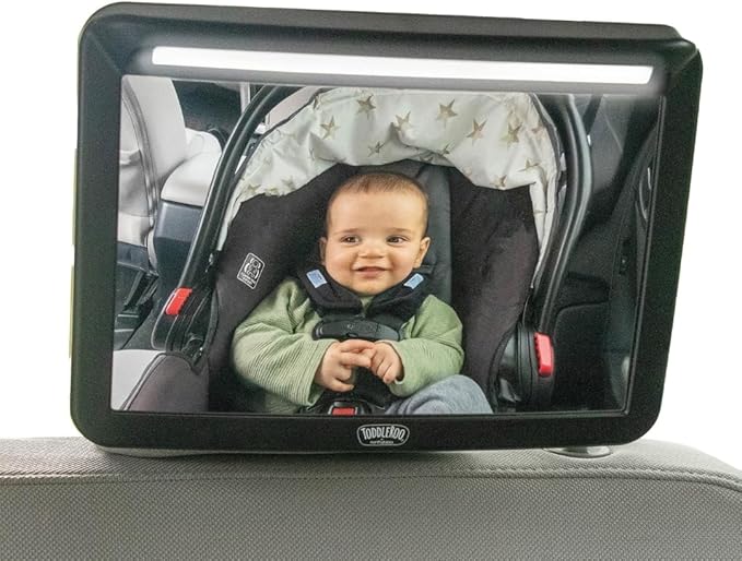 Toddleroo by North States - Deluxe LED Baby Car Mirror with Light: Rear Facing Car Seat Mirror for Baby - Wide View & Shatterproof - Black