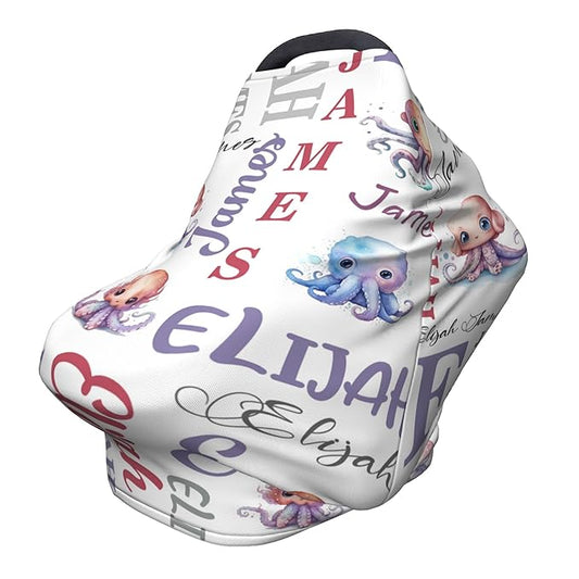 Personalized Baby Car Seat Cover with Name Stroller Canopy Custom Octopus Carseat Cover Newborn Baby Boy Girl Nursing Cover for Moms First Birthday Gift
