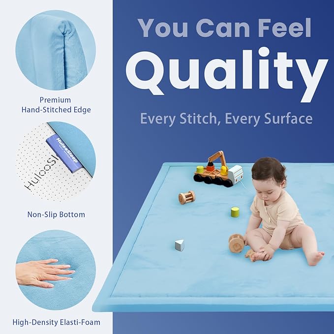Extra Large 79"x118" Baby Activity Play Mat for Floor, 1.3" Thick Elasti Foam for Tummy Time & Crawling, Non-Slip Nursery Rug for Infants, Toddlers & Kids, Tatami Style Mat for Yoga, Living Room, Classroom & Playroom(Light Blue)
