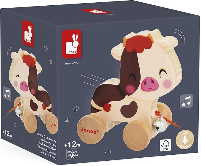 Janod - Wooden Ride-On Cow with Bell - Pull-Along and Push-Along Toy - Motor Skills & Imagination Training - 50cm String Suitable for Small Hands - from 12 Months, J03324