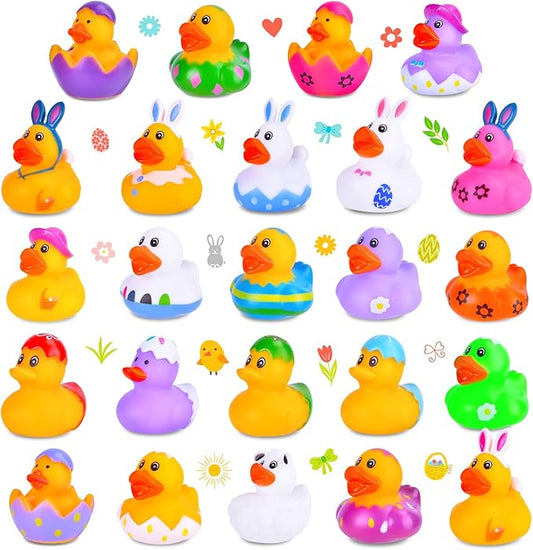 24 Pcs Easter Rubber Ducks, Assortment Duckies in Bulk for Ducking, Mini Rubber Duckies for Kids Baby Bath Pool Toys, Floater Duck Easter Basket Stuffers and Party Favors