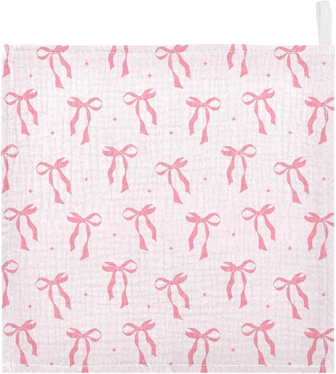 Bow Baby Washcloths Newborn Muslin Burp Cloths 3 Pack Soft Cotton Baby Face Bath Towel Drool Bibs for Infants, Girls and Boys 11.8 x 11.8 Inch