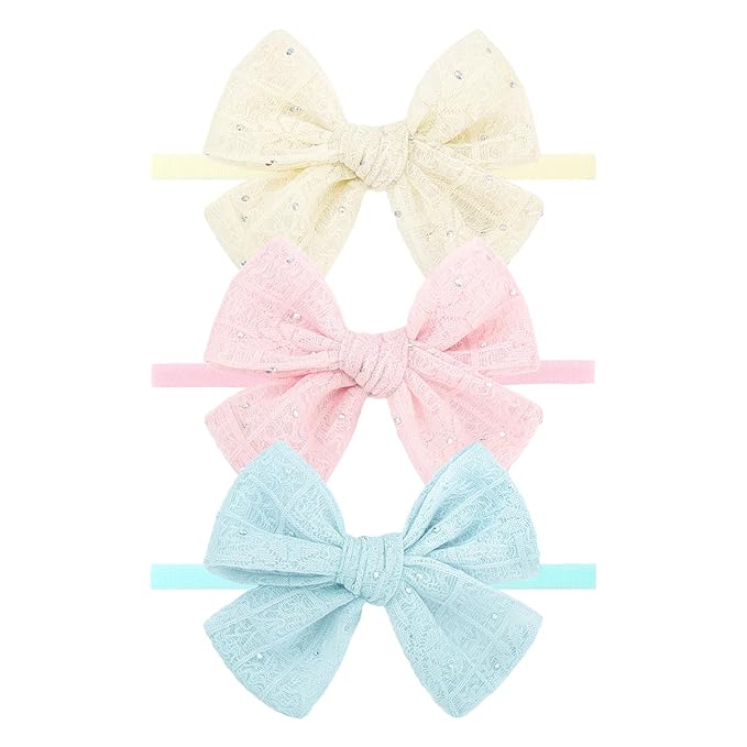 YanJie 3PCS 4’’ Lace Hair Bow for Girls Soft Nylon Baby Headbands Rhinestone Pink Blue Off White Bows Hair Accessories for Newborn Infant Toddler Girl