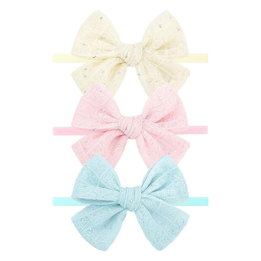 YanJie 3PCS 4’’ Lace Hair Bow for Girls Soft Nylon Baby Headbands Rhinestone Pink Blue Off White Bows Hair Accessories for Newborn Infant Toddler Girl