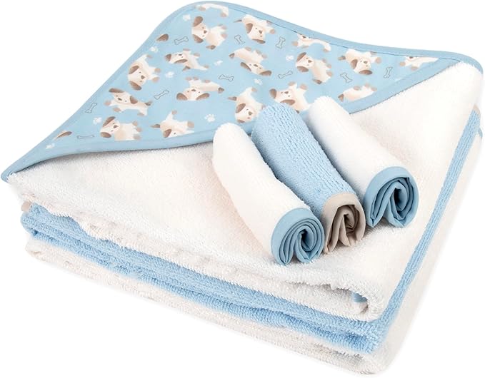 Jessica Simpson 6 Piece Printed Hooded Bath Towel and Washcloth Set for Infant, Newborns and Toddlers 3 – 24 Months for Bath Time, Showers, Lounge, Beach and Pool (6 Piece Puppies Print)