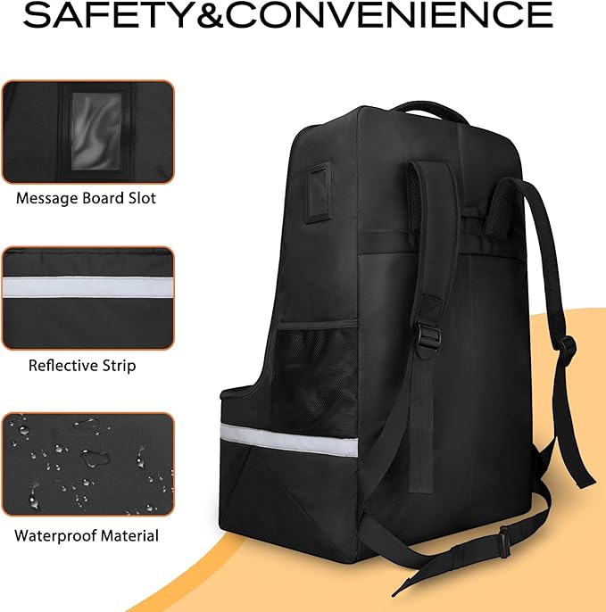 LARIPOP Car Seat Travel Bag for Airplane, Universal Gate Check Car Seat Bag, Padded Backpack with Waist Belt, Reflective Strips & Protective Feet, Fits Infant Convertible Booster Seats, Black