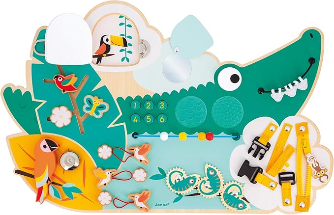 Janod Busy Board Crocodile Theme Jungle Animals - 14 Activities for Boys Girls - Develops Fine Motor Skills - FSCTM - Wooden Toy - from 18 Months - J08280