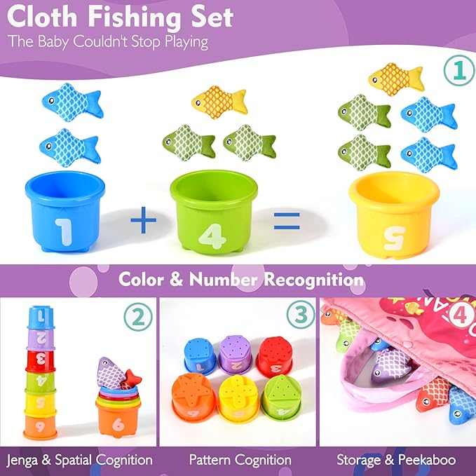 Montessori Toys for 1 Year Old Girl Gifts, Pink Cloth Fishing Toy for Toddler 1-3, Fine Motor Skills Toy Sorting Learning Baby Toys 6-12-18 Months, Toddler Toys for Baby Easter Gifts