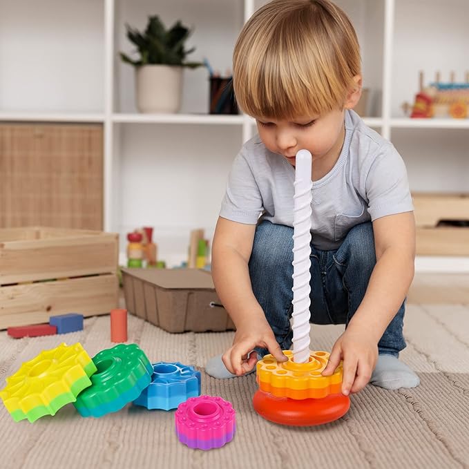 Spinning Stacking Toy for Kids, Rainbow Tower Dual-Color Spinning Wheels Premium Strong BPA-Free ABS Plastic Early Education Fun Learning and Engaging Brain Development Toys (Small)