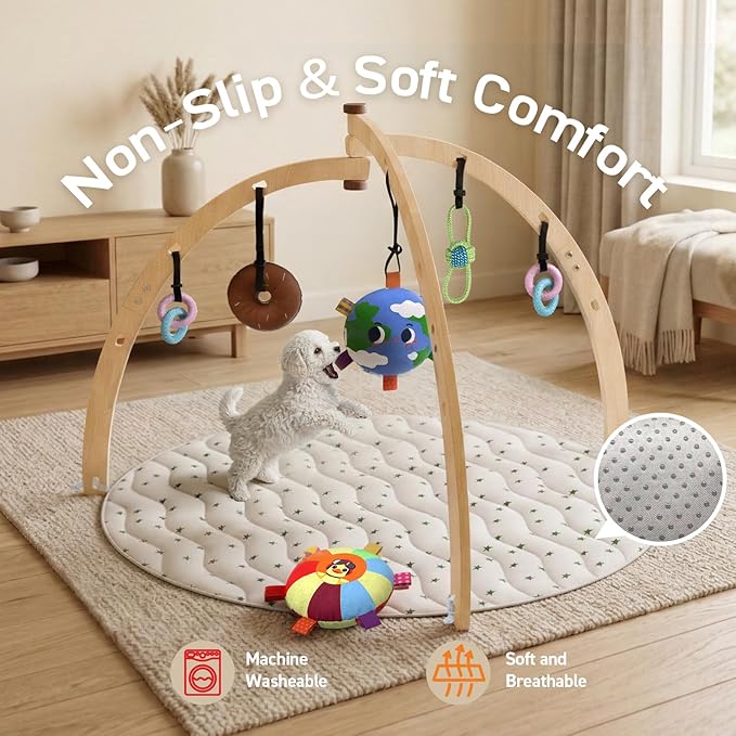 QDAN Puppy Play Gym, Wooden Frame with 6 Hanging Puppy Toys, Adjustable Straps, Puppy Enrichment Toys to Keep Them Busy