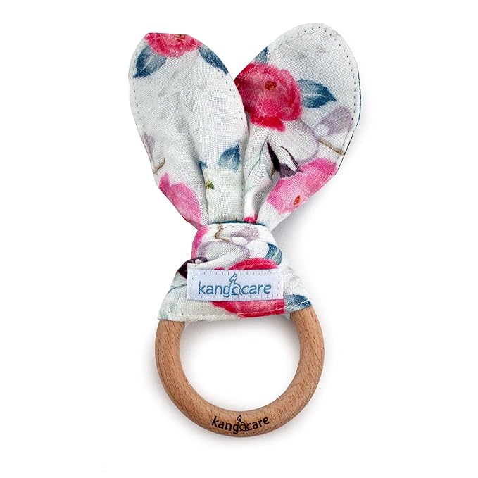 Kanga Care Baby Soft Muslin Sensory Crinkle Bunny Ear Wood Teething Ring - Lily Flowers