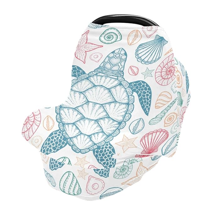 Sea Turtle Starfish Shells Baby Car Seat Covers, Nursing Cover Breastfeeding Scarf Soft Breathable Stretchy Coverage, Infant Stroller Cover for Boys Girls