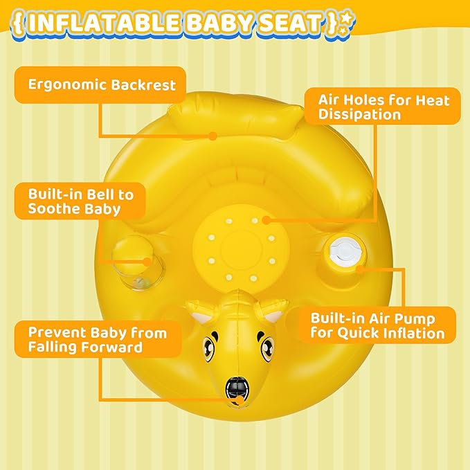Baby Seat Inflatable Infant Floor Seat Toddler Chair Support Sitting Up Built in Air Pump with Tinkling Bells for 5-36 Months Home and Travel (Yellow)