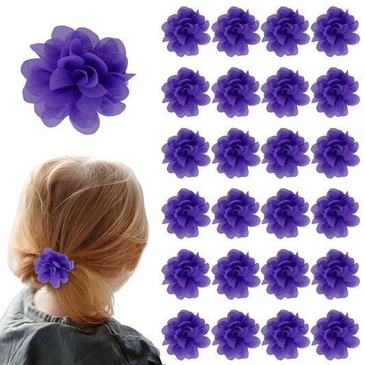 24 PCS 2" Chiffon Flower Hair Bows Clips Artificial Fabric Flower Tiny Baby Hair Clips Fine Accessories for Women Girls Kids (Purple)