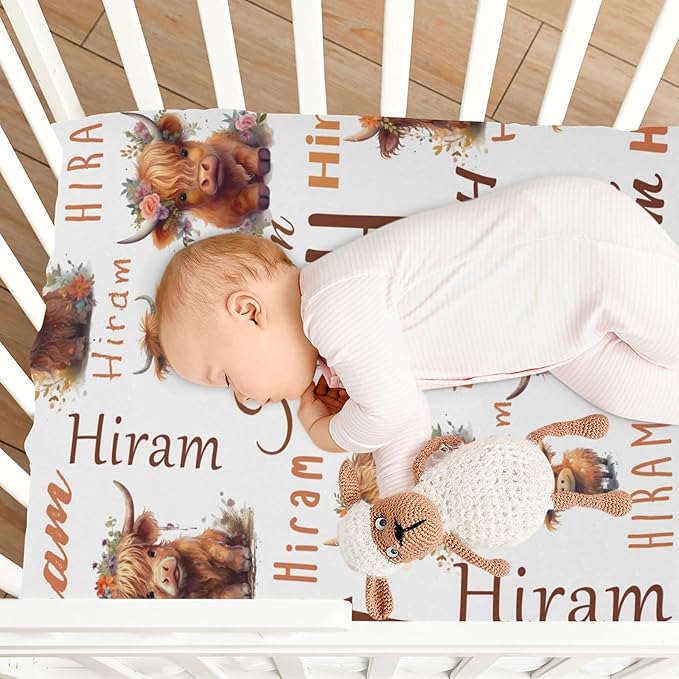 Personalized Name Pack and Play Sheets for Baby Boy Girl, Customized Pack n Play Sheets with Name, Custom Stretchy Mini Crib Mattress Fitted Sheets, Playard Playpen Sheet, Highland Cow Cattle