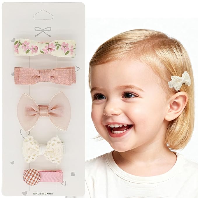 Baby Hair Clips Set – Soft Pink & White Bow Hair Clips for Toddlers, All Fabric Wrapped No-Slip Duckbill Clips (5-Pack Gentle Girl Hair Accessories)
