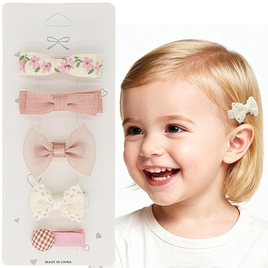 Baby Hair Clips Set – Soft Pink & White Bow Hair Clips for Toddlers, All Fabric Wrapped No-Slip Duckbill Clips (5-Pack Gentle Girl Hair Accessories)