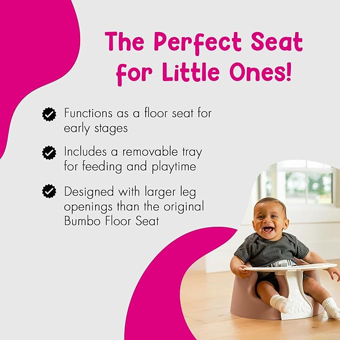 Bumbo Foam Infant Floor Seat Plus+ with Tray for Babies 3 to 12 Months Old, Sonoran Rose - Portable Soft Baby Chair with Large Legroom and 3-Point Harness for Feeding and Play