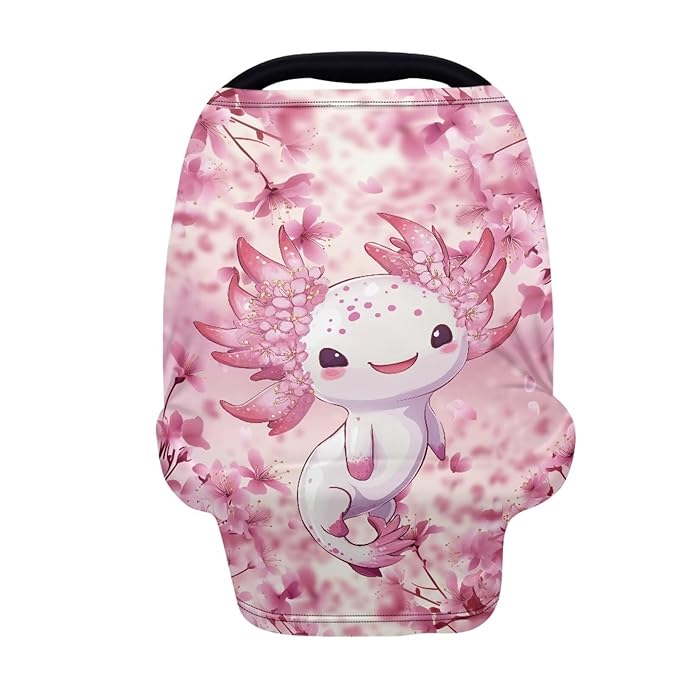 Biyejit Axolotl Pink Floral Nursing Cover for Newborn Breastfeeding Multi Use Infant Stroller Canopy Unisex Baby Car Seat Cover High Chair Cover Shopping Cart Cover for Baby Boy Girl