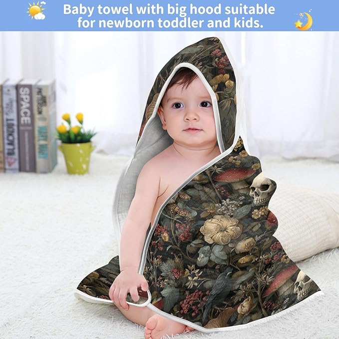 Watercolor Mushrooms Hooded Baby Towel Vintage Herbs Baby Bath Towel Unisex Soft Organic Cotton Washcloths Toddlers Shower Gifts for Boys Girls Newborn 30 x 30 in