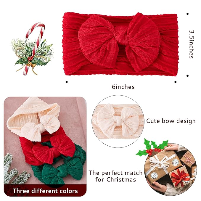 baotongle 3pcs Baby Girls Headbands Soft Stretchy Nylon Hair Bands Hair Accessories with Bows for Newborn Baby Girls Infant Toddlers Kids(Red,Green,Pink, 5.7inches)