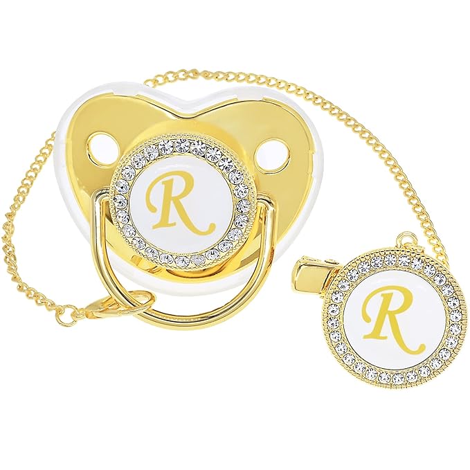Bling Personalized Golden Baby Pacifier with Pacifier Clips and Anti-dust Cover A-Z 26 Letters(Gold,R)