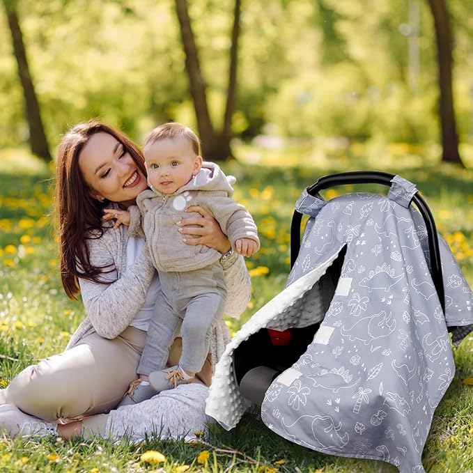 Car Seat Covers for Babies, Peekaboo Opening Infant Car Seat Canopy for Baby Boys Girls, 2 in 1 Mom Nursing Breastfeeding Covers, Minky Warm Carseat Canopy for Newborn, Dinosaur