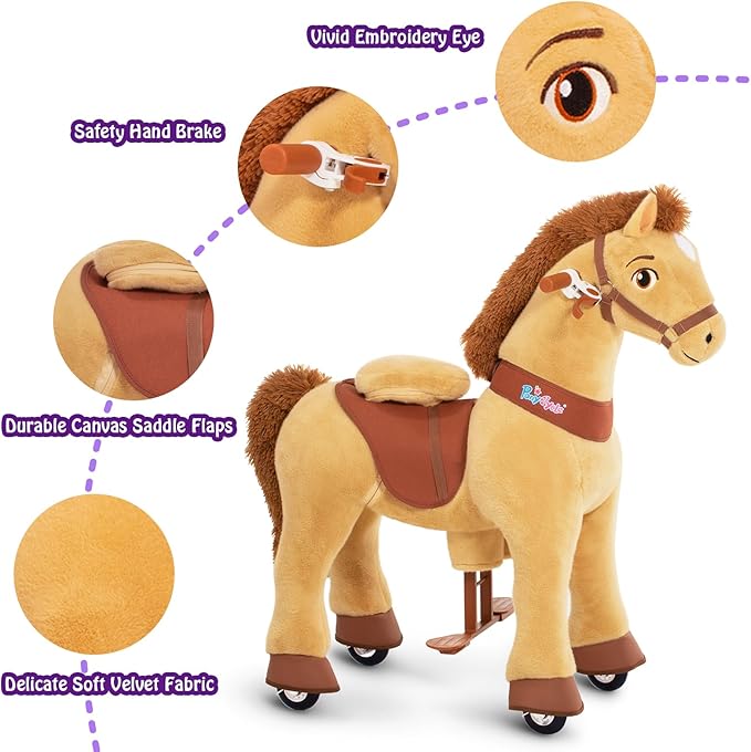 PonyCycle Ride on Horse Ride on Toys Riding Horse Ride on Pony for Toddlers 3-4 with Brake Essential Model E (30" Height/Size 3/ Light Brown) Riding Toys for Kids Gifts Plush Animal Pony Ride E336