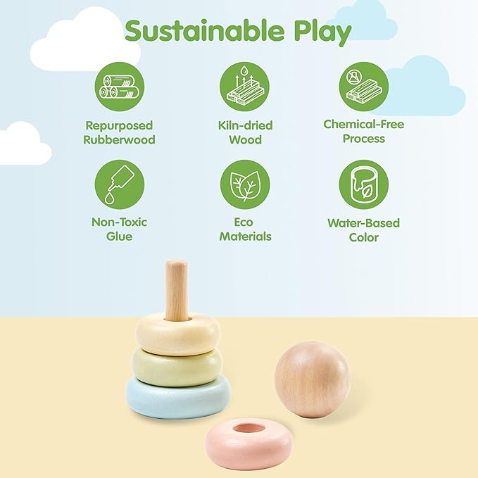 PlanToys® First Stacking Ring | Montessori Wooden Stacking Toy for Babies & Toddlers | Baby Learning Toy for Fine Motor Skills, Sensory Play & Color Sorting