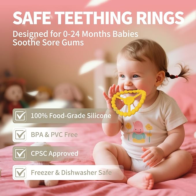 Baby Ring Teethers, 3 Pack Silicone Teething Toys for Babies 0-6 & 6-12 Months, Freezable Chew Rings Boys & Girls Relief Essentials, Infant Toddler Stocking Stuffers (Lavender Yellow Red)