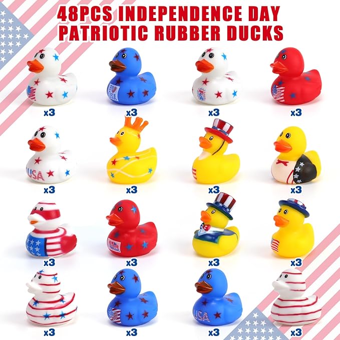 48 Pcs 2 Inch Patriotic Rubber Ducks, 4th of July Bulk Rubber Ducks Bath Toys for Kids, Independence Day Decorations for Gifts Jeep Gift Baby Shower Party Favors Decor Supplies