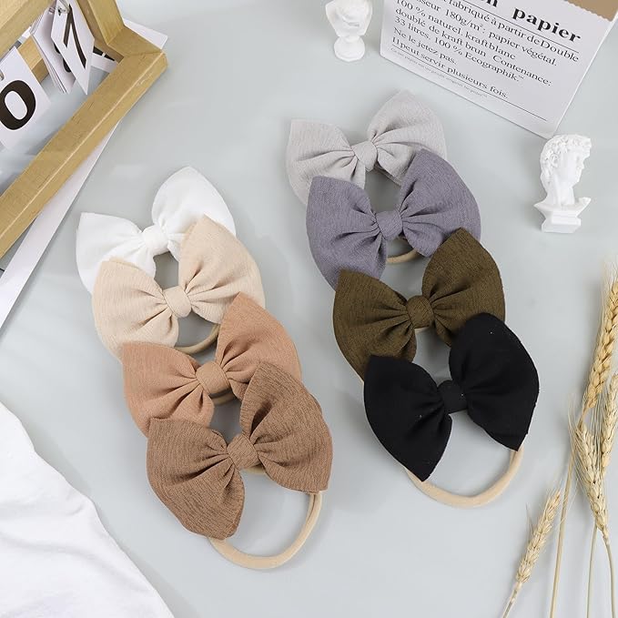 Big Bows Hairbands, 8 PCS Handmade Baby Girl Headbands with Bows, Stretchy Nylon Newborn Toddler Hairbands, Tan