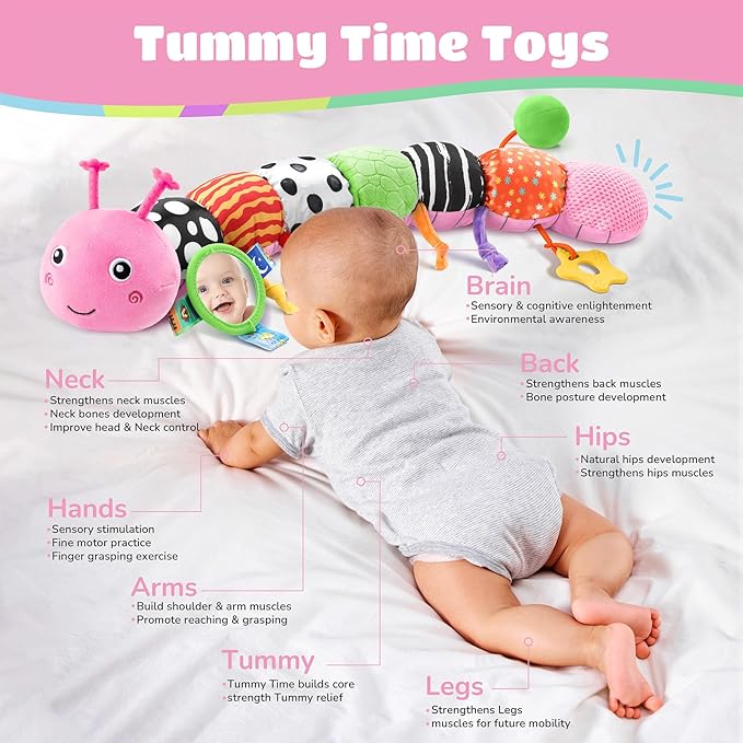 AWOTOY Baby Toys 6-12 Months Music Caterpillar Infant Toys Stuffed Animals 0-3-6 Months Teething Tummy Time Sensory Toys with Mirror Rattle&Pull String for Boys Girls Birthday Gifts|Pink,Knot Limb