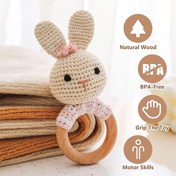 Wooden Baby Rattle，Crochet Bunny Rattle with Wood Ring, Newborn Wooden Animal Rattle Toy，Infant Bunny Wood Rattle Toys，Bunny-2