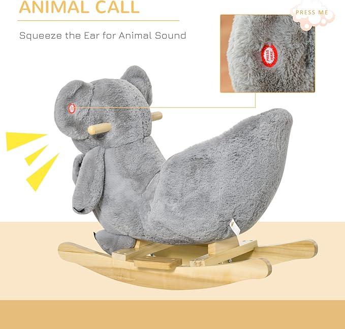 Qaba Kids Ride-On Rocking Horse, Koala-Shaped Rocker with Realistic Sounds for Children 18-36 Months, Gray