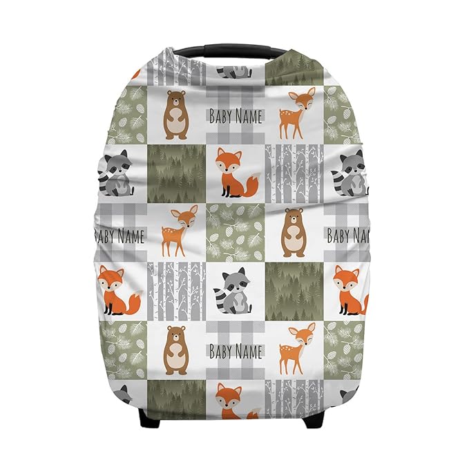 Personalized Woodland Animals Baby Car Seat Covers with Name, Custom Nursing Cover Breastfeeding for Babies, Carseat Canopy for Boys and Girls, Infant Stroller Cover, Breathable Carseats Cover