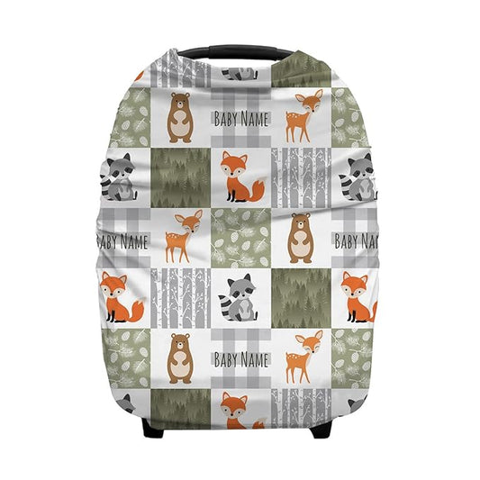 Personalized Woodland Animals Baby Car Seat Covers with Name, Custom Nursing Cover Breastfeeding for Babies, Carseat Canopy for Boys and Girls, Infant Stroller Cover, Breathable Carseats Cover