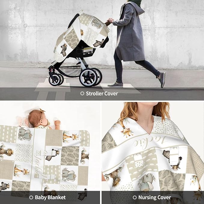 Personalized Baby Car Seat Canopy for Babies with Name, Custom Car Seat Covers for Boys Girls, Crown Animals Nursing Breastfeeding Stroller Cover Infant Carseat Canopies for Newborn