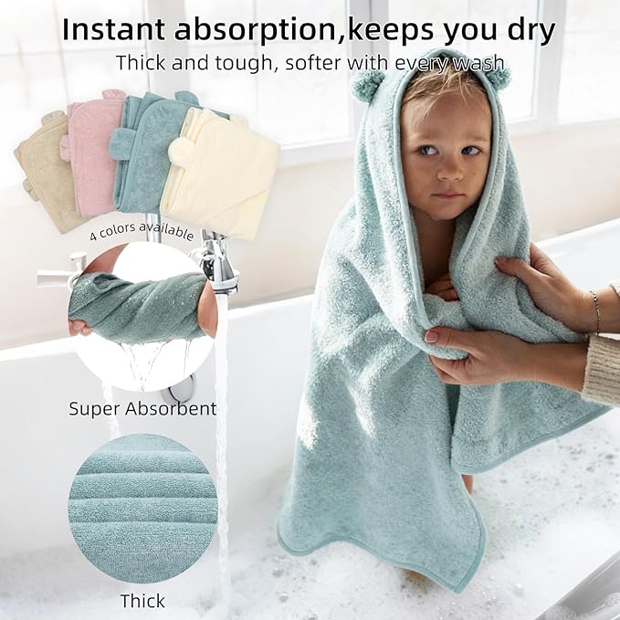LifeTree 1 Pack Baby Hooded Towel with 1 Pack Washcloth for Newborn, 100% Cotton Bath Towel for Babies, Infant, Toddler and Kids, Thick,Soft and Absorbent, 30 * 30 Inches, Newborn Essentials, Green