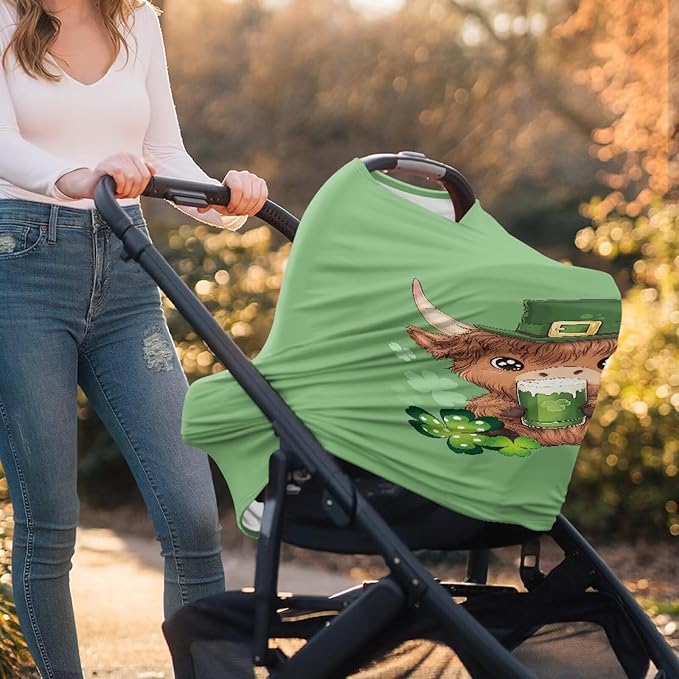 Wanyint Car Seat Cover for Boys Girls, Nursing Carseat Canopy Baby Breastfeeding Cover Multi-Use Nursing Scarf Infant Stroller Cover for Saint Patrick's Day Decor, Highland Cow Clover Green
