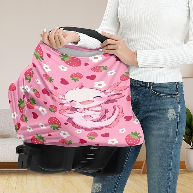 Axolotl Car Seat Covers Canopy Cover - Multi-use Cover Pink Strawberry Carseat Canopy, Breathable Breastfeeding Cover, Reusable Car Seat Covers for Bbies