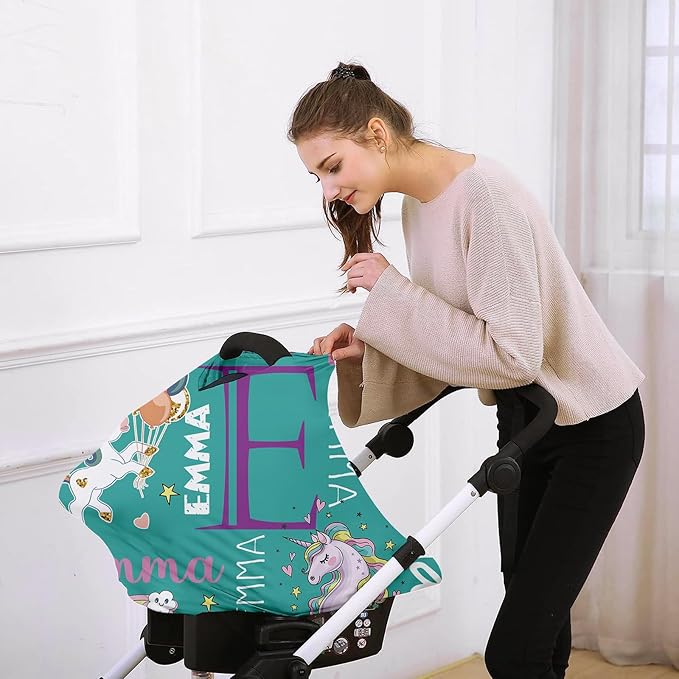 Custom Car Seat Covers for Babies - Breathable Baby Car Seat Cover for Girls Boys, Green Horse Print Kick-Proof Newborn Carrier Canopy Stretchy Stroller Cover for 4 Seasons(27"x29")