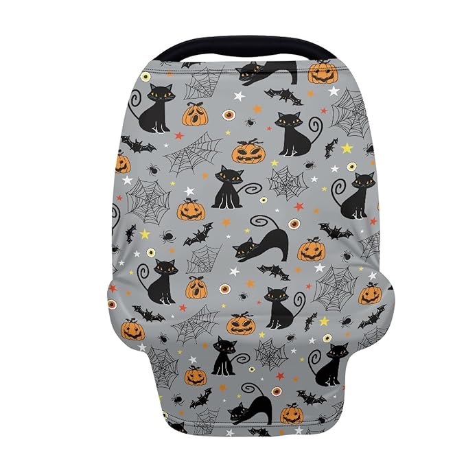 Coldinair Black Cat Print Nursing Cover Baby Breastfeeding Cover for Infant Feeding Cover Breathable Privacy Breast Feeding Cover Carseat Canopy Cover with Halloween Pumpkin Bat and Cobweb Pattern