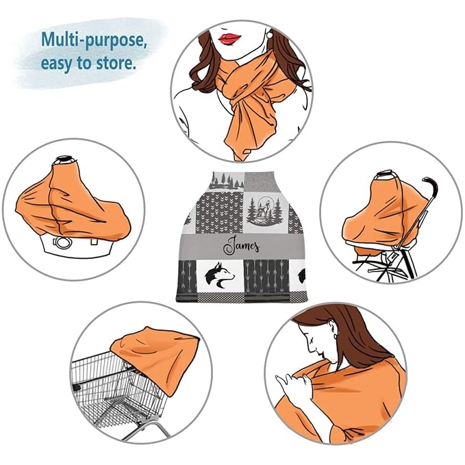 Personalized Car Seat Covers for Baby, Customized Infant Carseat Cover Canopy for Boys, Breathable Nursing Cover Breastfeeding Scarf, Soft Infant Stroller Canopy, Woodland Wolf