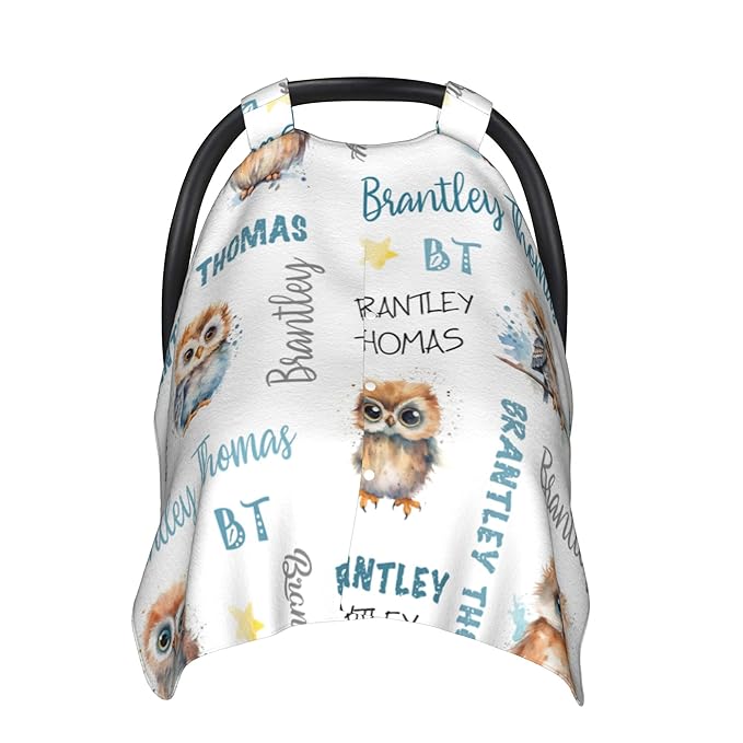Personalized Baby Car Seat Cover Winter Custom Minky Carseat Cover Boy Girls with Name Owl Carseat Canopy Customized Car Seat Canopy Infant Carrier Covers Nursing Cover Toddler Blanket